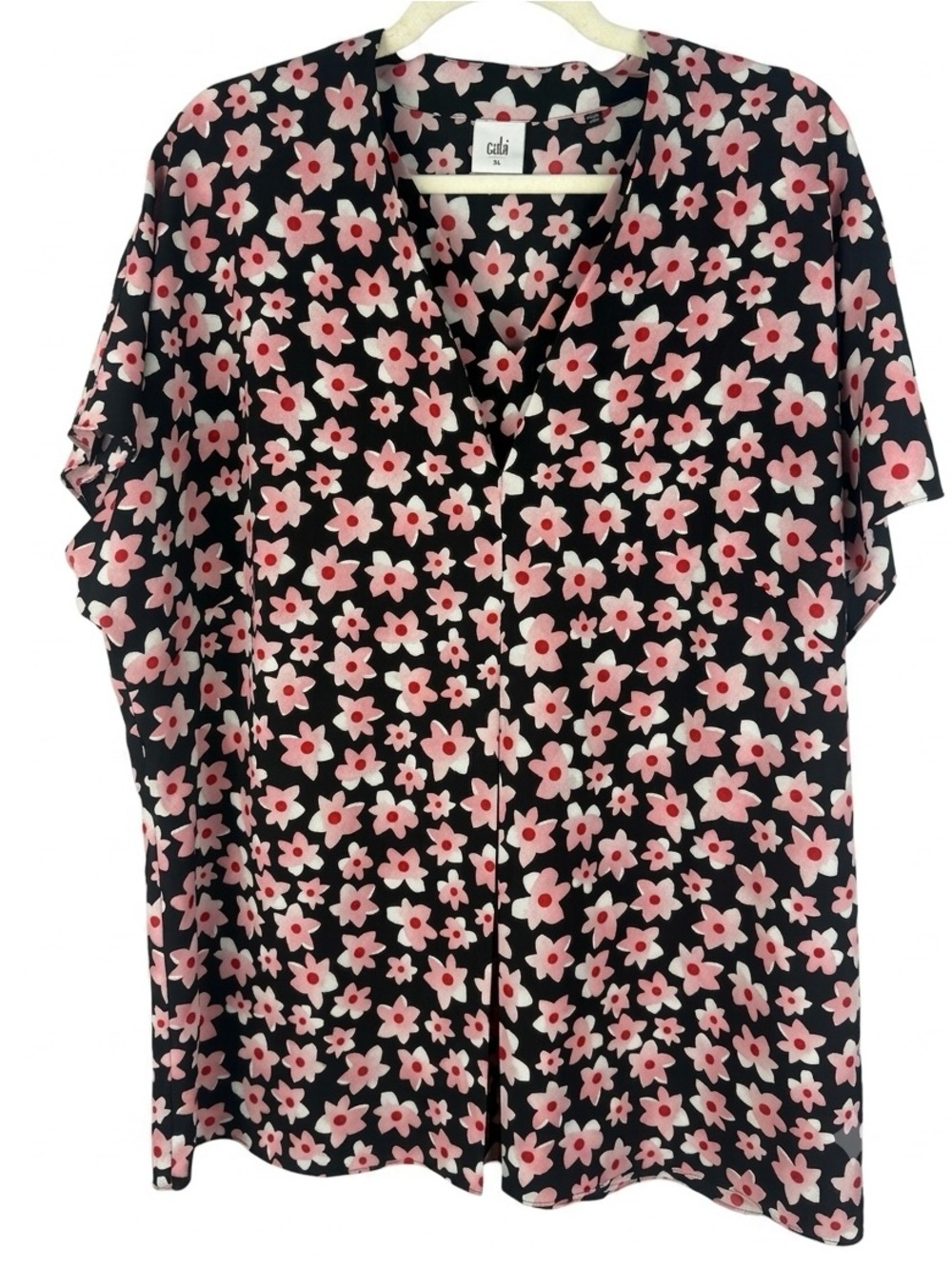 Cabi Harmony Blouse Black Pink Starflower Floral V-Neck Short Sleeve Blouse XL